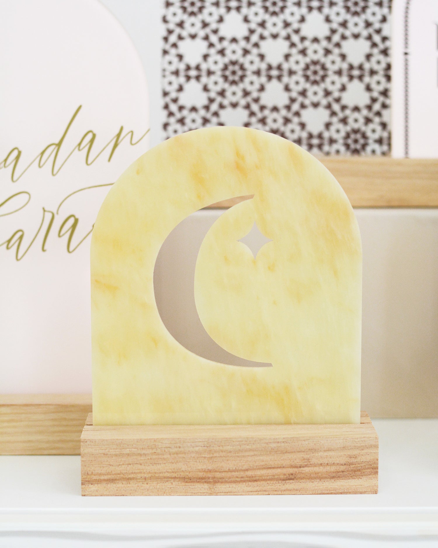 Crescent moon honey onyx boho home Ramadan Eid modern home decor party supply for all celebrations. modern EID for contemporary Ramadan Eid decorations for the modern Muslim. Ramadan Eid gift wrap tags, Ramadan centerpieces, Eid banners, Ramadan advent calendars, Ramadan Eid pillows tablecloths