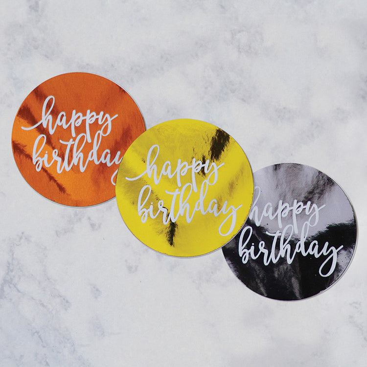Happy Birthday Round metallic Stickers - 10 pack
