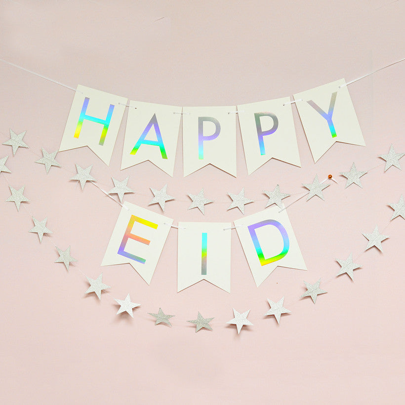 Rainbow holographic silver foil Happy Eid banner from modernEID